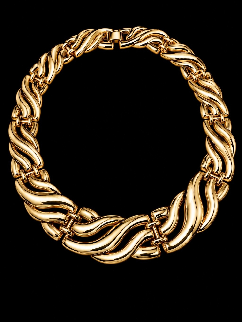 Vintage 80s Gold Tone Sculptural Wave Link Collar Statement Necklace